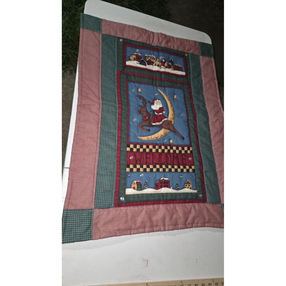 Vintage Primitive Christmas Quilt Wall Hanging Welcome Santa Moon Reindeer 24x34